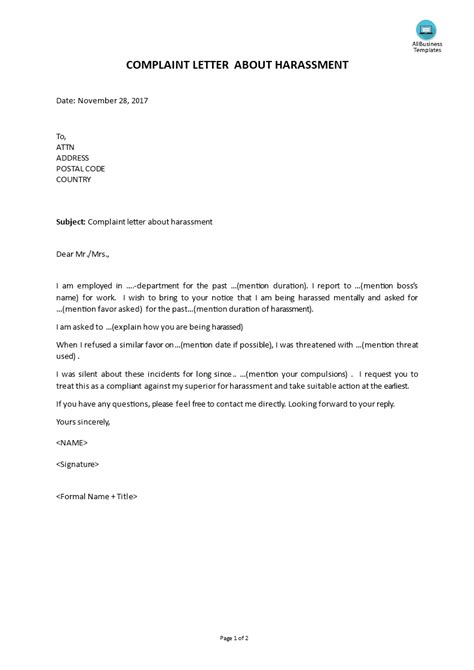 Sample Letter Of Complaint Workplace Bullying