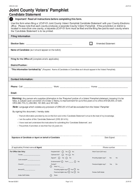 Fillable Online Joint County Voters Pamphlet Candidate Statement Fax