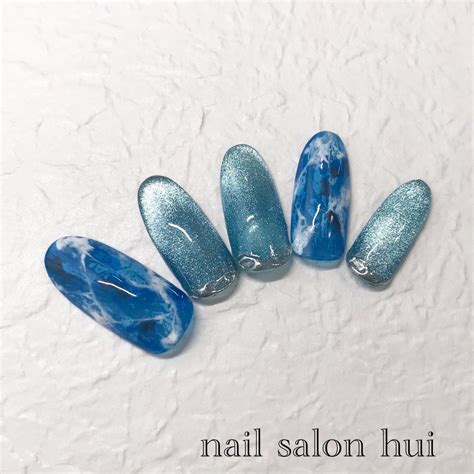 夏ハンド大理石水色ブルー Nailsalonhuiのネイルデザイン No5485162 ｜ネイルブック ネイルデザイン