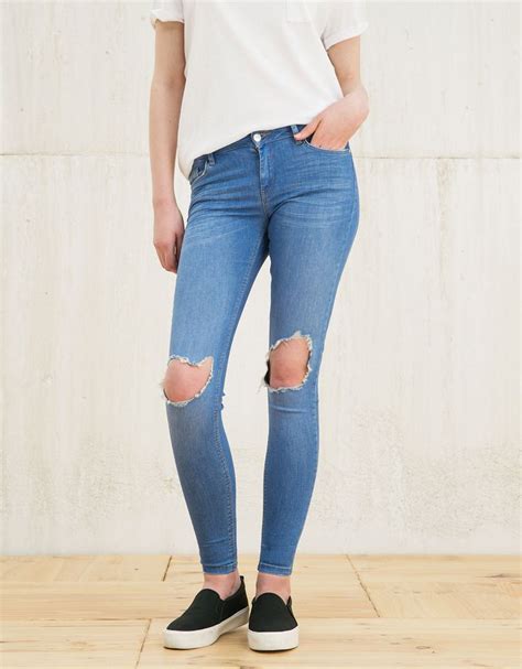 Jeans Bsk Skinny Fit Rotos Rodilla Mujer Bershka España Best