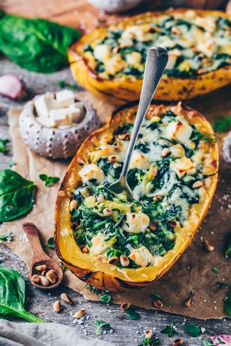 Spinach Stuffed Spaghetti Squash With Vegan Feta Bianca Zapatka Recipes