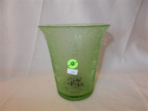 Sold Price Vintage Frosted Acid Etched Green Glass Vase With Frog In Bottom Cond Vg