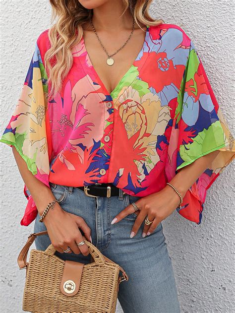 Shein Essnce Blusa Con Estampado Floral Con N Delantero Moda De