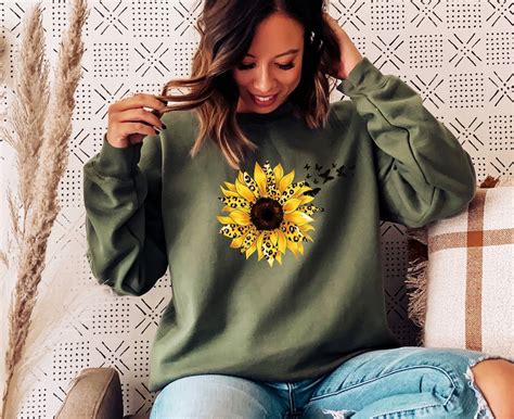 Sunflower Sweatshirt Sunflower Blue Sweatshirt Women Sunflower Etsy