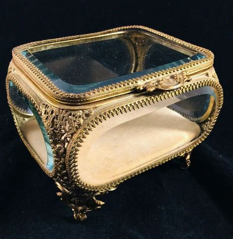 Vtg Mid Century Gold Gilt Ormolu Filigree And Beveled Glass Jewelry Box Шкатулка