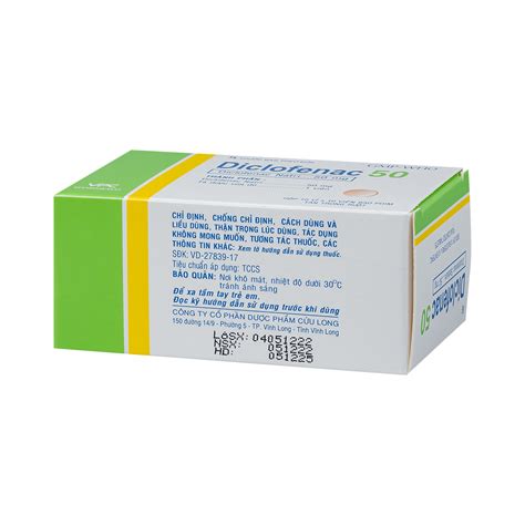 Diclofenac 50mg Hộp 10 Vỉ X 10 Viên Dược Cửu Long Cevpharma Ghch Kim