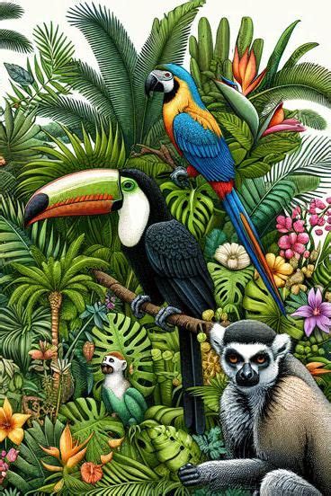 Papier Peint Perroquet Jungle Tropical Avec Toucans Singes Et