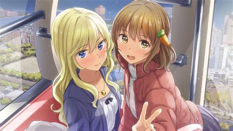 2girls Blonde Hair Blue Eyes Blush Brown Hair Building City Close Dress