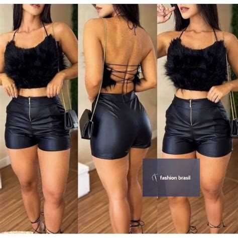 Short Feminino De Couro Cintura Alta Couro Fake Cirre Z Per Frontal