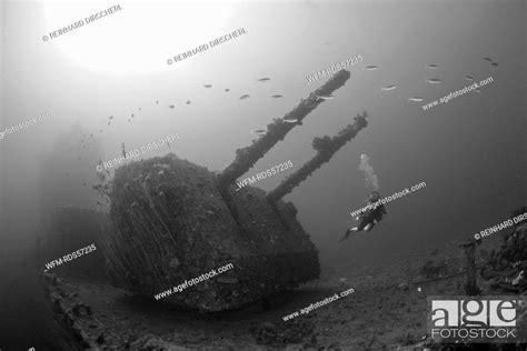 Diver And Twin Inch Caliber Gun On Uss Saratoga Bikini Atoll