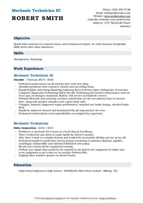 Mechanic Technician Resume Samples | QwikResume