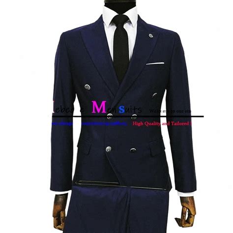 Navy Blue Double Breasted Mens Suit For Formal Business Weddings