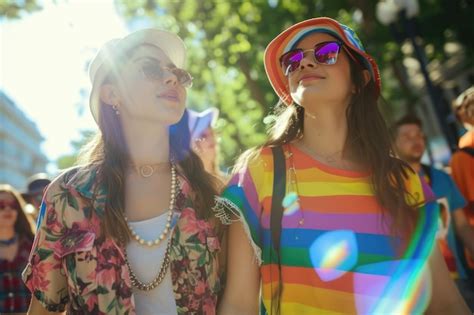 Jóvenes lgbtqia caminando por la acera durante el desfile del orgullo