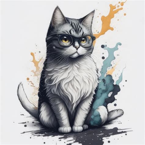 Premium AI Image | A drawing of a cat with glasses and a white and grey ...