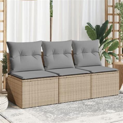 Zerodis Canapé de jardin avec coussins 3 places beige résine tressée