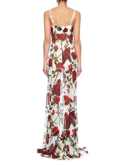 Dolce And Gabbana Rose Print Silk Blend Dress In White Lyst