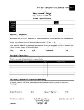 Fillable Online Purchase 2009 2010 Dependent Care Expense Form