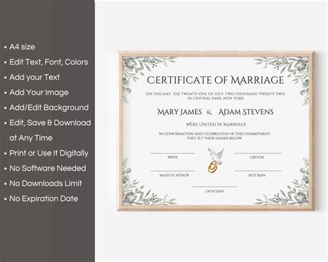 Editable Marriage Certificate Template Custom Certificate Of Etsy