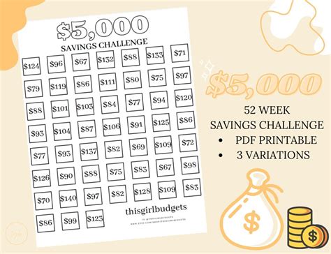 5k Savings Challenge Printable 52 Week Savings Challenge Etsy