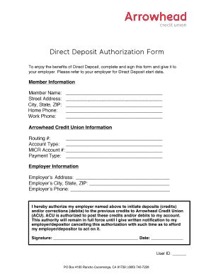 Arrowhead Credit Union Direct Deposit Form Fill Online Printable