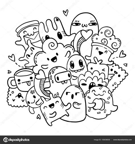 Cute Doodles Hand Drawn Pattern Vector Isolated Outline Set Of Cartoon