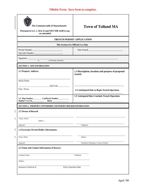 Fillable Online Tolland Ma Trench Permit Application Form Town Of