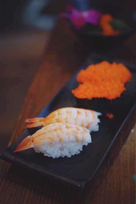 Prawn Sushi on Black Platter · Free Stock Photo