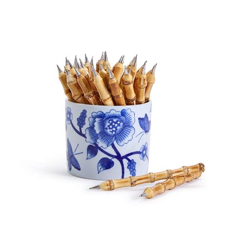 36 Pc Natural Bamboo Pen Un With Blue And White Display Jar