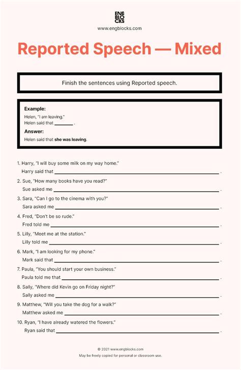 Use This Worksheet To Practice Reported Speech The Exercise Includes