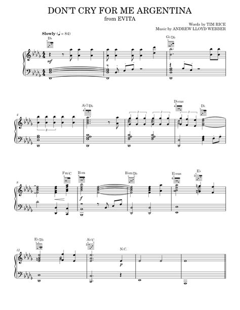 Dont Cry For Me Argentina Sheet Music For Piano Vocals By Andrew