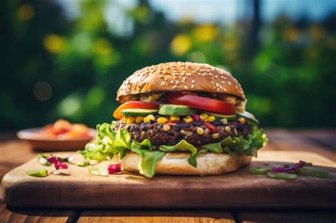 Premium Ai Image Closeup Of Vegan Burger On Wooden Cutting Board On