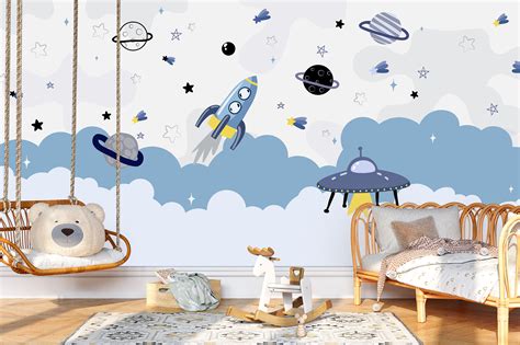 Cartoon Space and Planets Nursery Wall Mural Galaxy Wallpaper Peel and ...