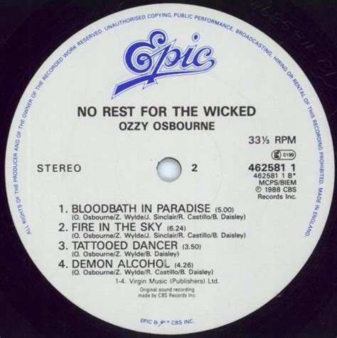 Ozzy Osbourne No Rest For The Wicked Demo Stamped Uk Promo Vinyl Lp