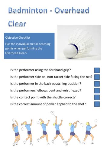 Badminton Overhead Clear Peer Assessment Teaching Resources Badminton Peer Assessment