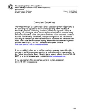 Fillable Online Dot State Mn Carrier Complaints Minnesota Department