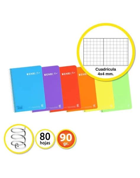 Enri Cuaderno Plus A4 Cuadrícula 4x4 Material Escolar Tapa De Plástico 80 Hojas Colores