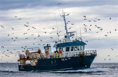 Fish Boat Vessel Fishing In A Rough Sea Industrial Trawler Stock Photo