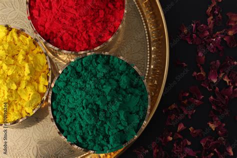 Colorful Dry Powder ¸abeer Gulal In Traditional Brass Bowl For The