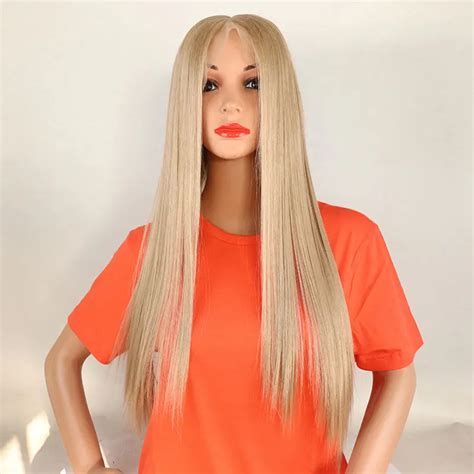 Bombshell Honey Blonde Straight 136 Inch Hand Tied Synthetic Lace Front Wig Glueless Heat