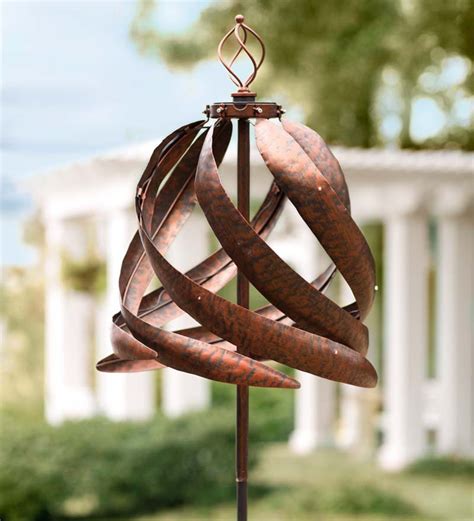 Copper Colored Spiral Metal Wind Spinner With Solar Lights Wind And Weather