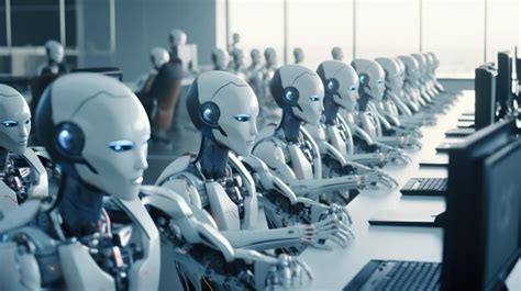 Premium Photo Many Identical Ai Robots Sitting At Desk In The Office