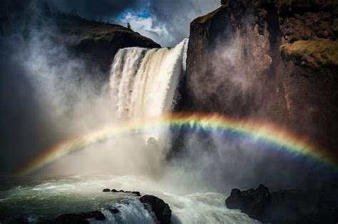 Premium AI Image | a rainbow is above a waterfall in front of a waterfall