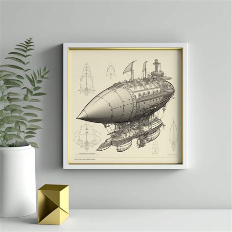 Final Fantasy Airship Concept Artistic Diagram Steampunk Decor Gaming Enthusiast Wall Art ...