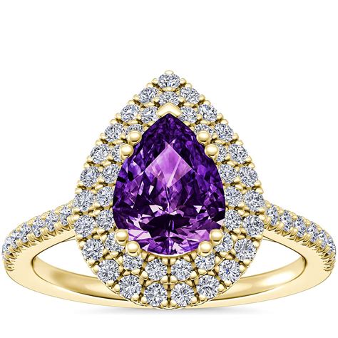 Micropavé Double Halo Diamond Engagement Ring With Pear Shaped Amethyst