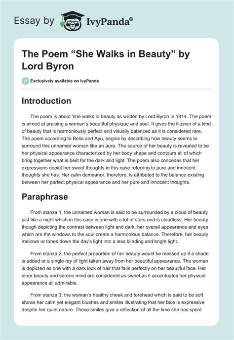 The Poem She Walks In Beauty By Lord Byron 596 Words Essay Example