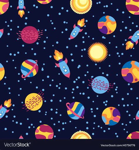 Seamless Space Pattern Planets Rockets And Stars Vector Image