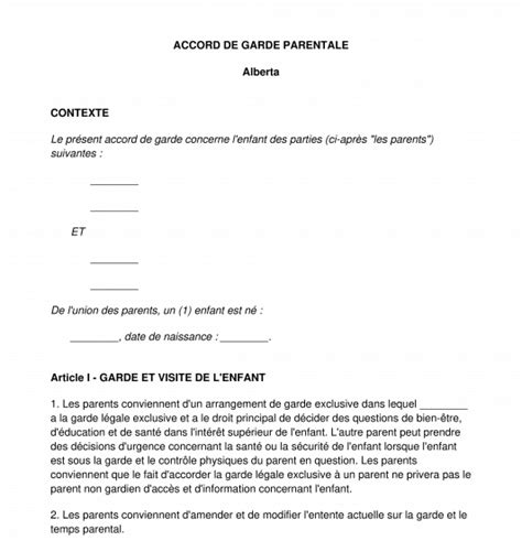 Accord De Garde Parentale Mod Le Exemple Word Et Pdf