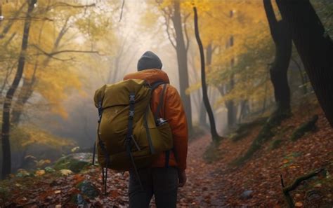 Um Homem Uma Mochila Caminha Por Um Viajante Da Floresta De Outono