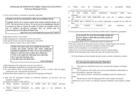 Atividade de Português Sobre Variação Linguística | PDF | Escrita | Idiomas