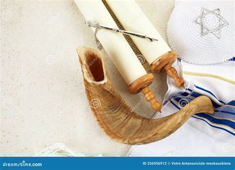 Yom Kippur Shofar Blowing By Jewish Man In Talit On Rosh Hashanah With Eucalyptus Branches ...